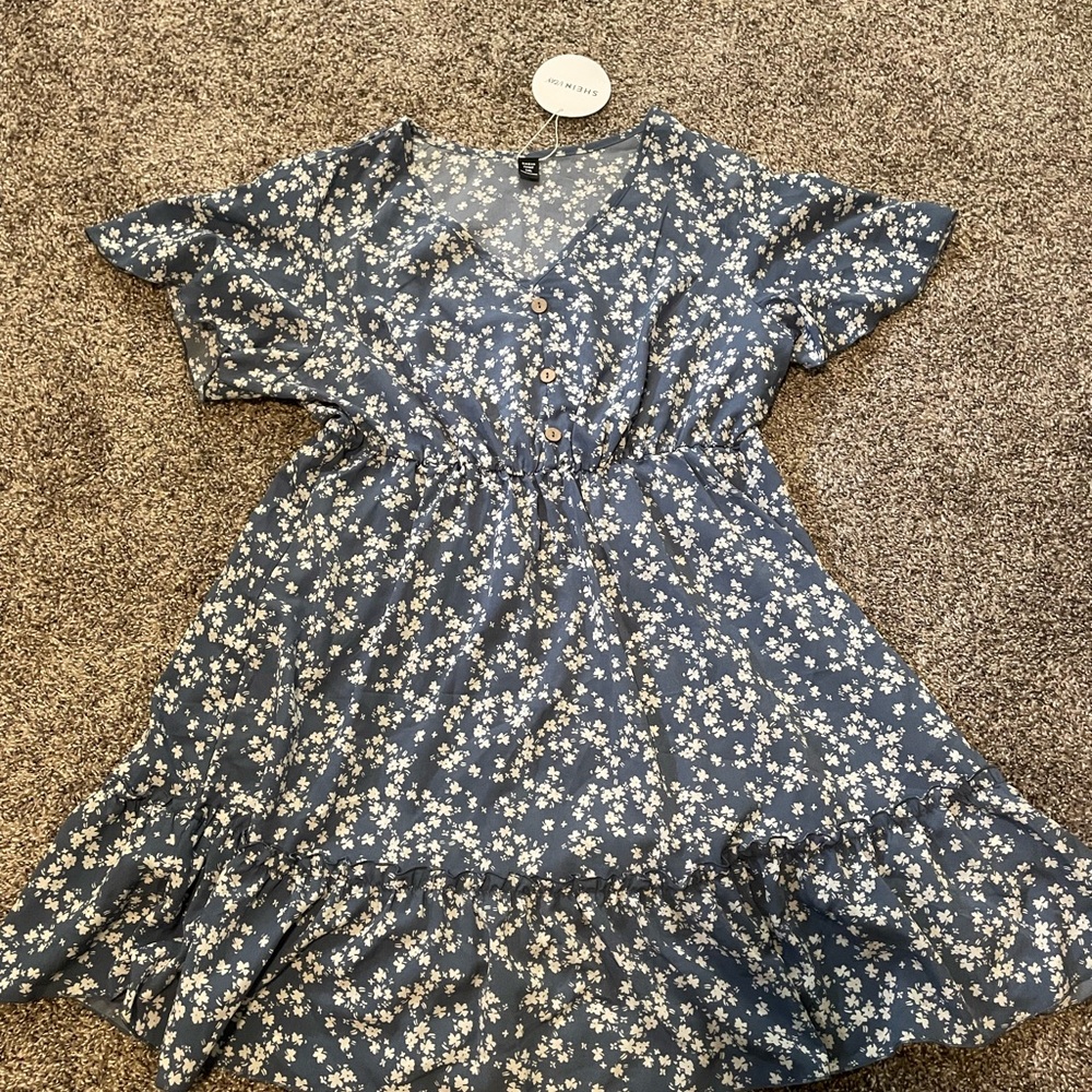 SHEIN Blue and White Sundress with Flutter Sleeves